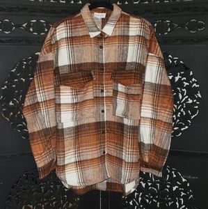 Plaid Shacket Oversized Rust Colored Button Down Jacket Shirt NWT